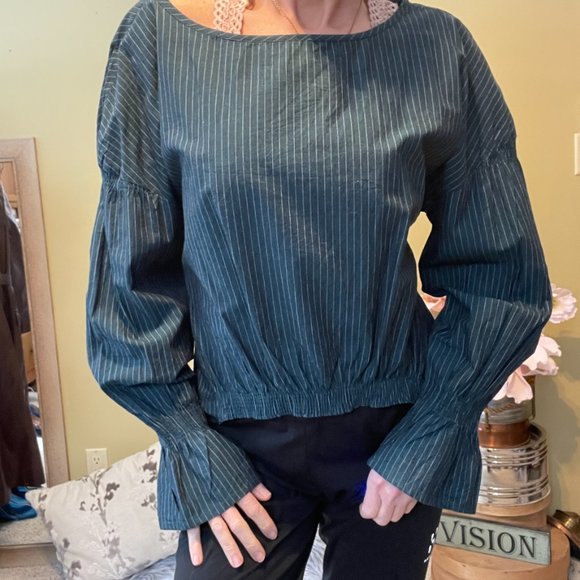 Walter Backer Chester Top Teal Long Sleeve Pinstripe Stripe Blouse Size large. - Picture 3 of 8